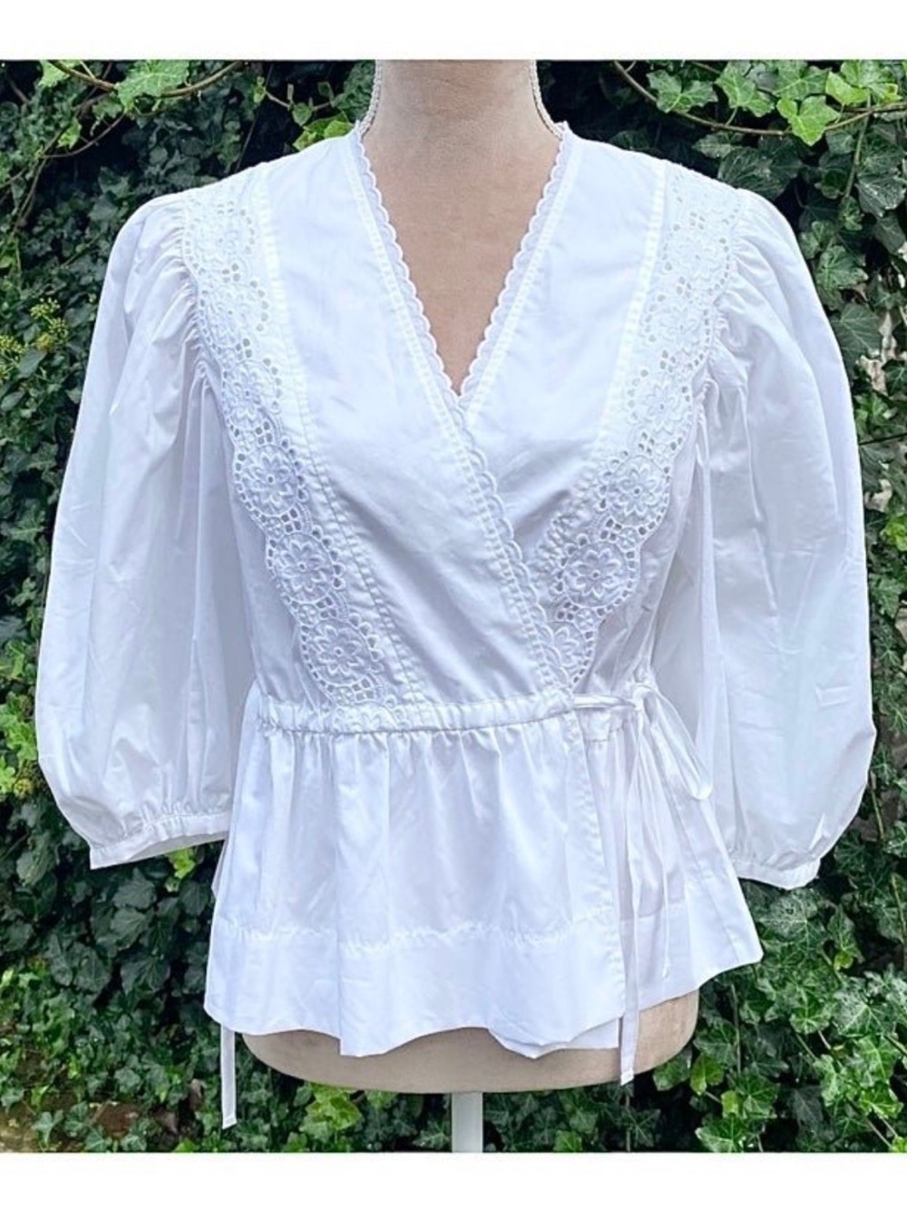 NWT! See By Chloe Cotton White Eyelet Wrap Blouse with Puff Sleeves Size EU38